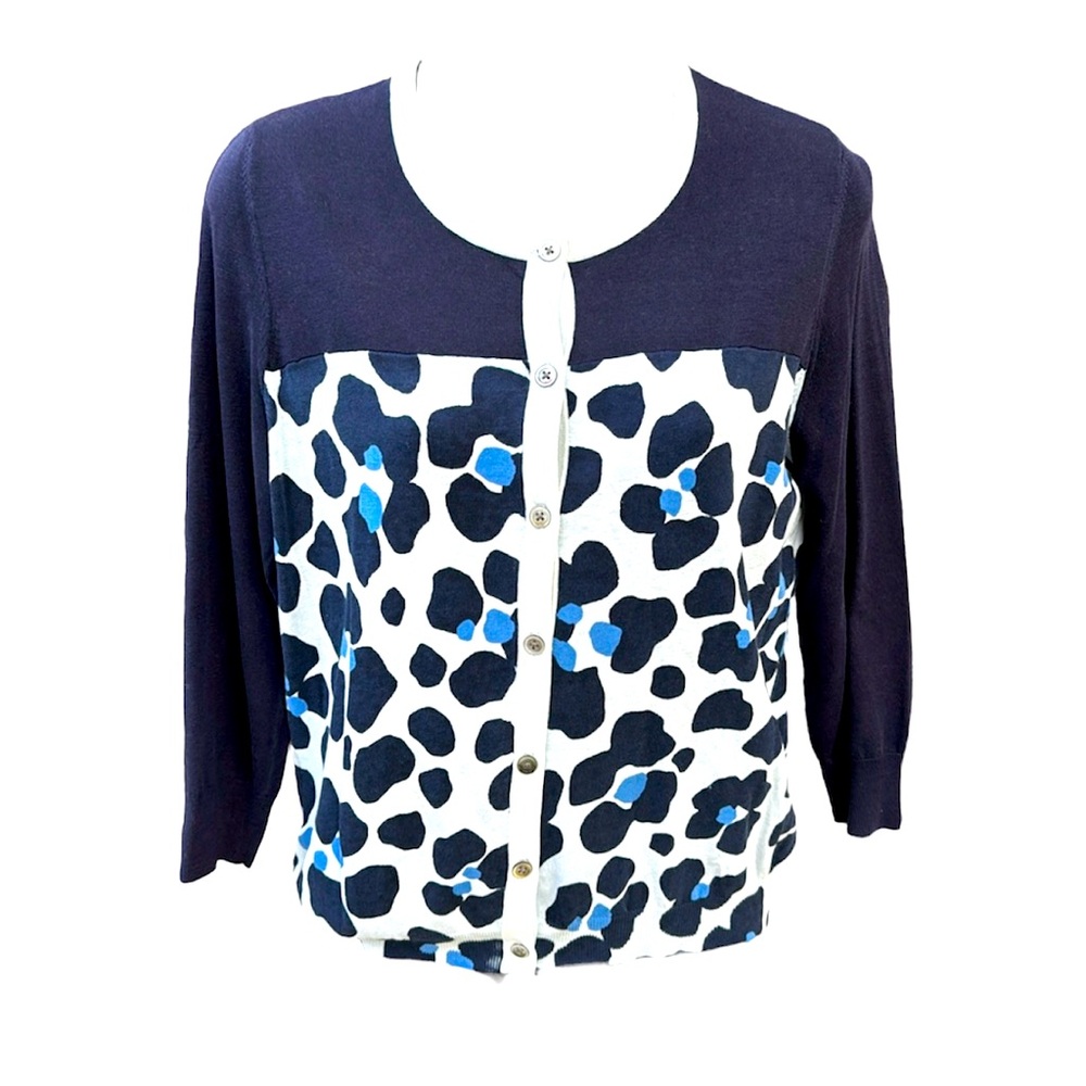 STEFAN GREEN blue, light blue and navy spotted print cardigan, size 2,(S/M)